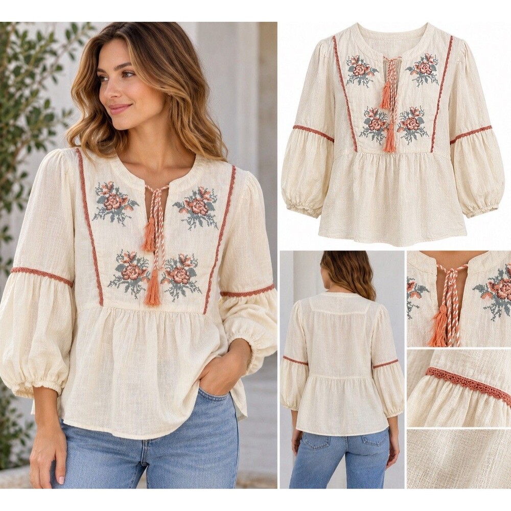 Calligraphie XL Ivory Floral Embroidered Cotton Peasant Blouse Boho Tassel Top